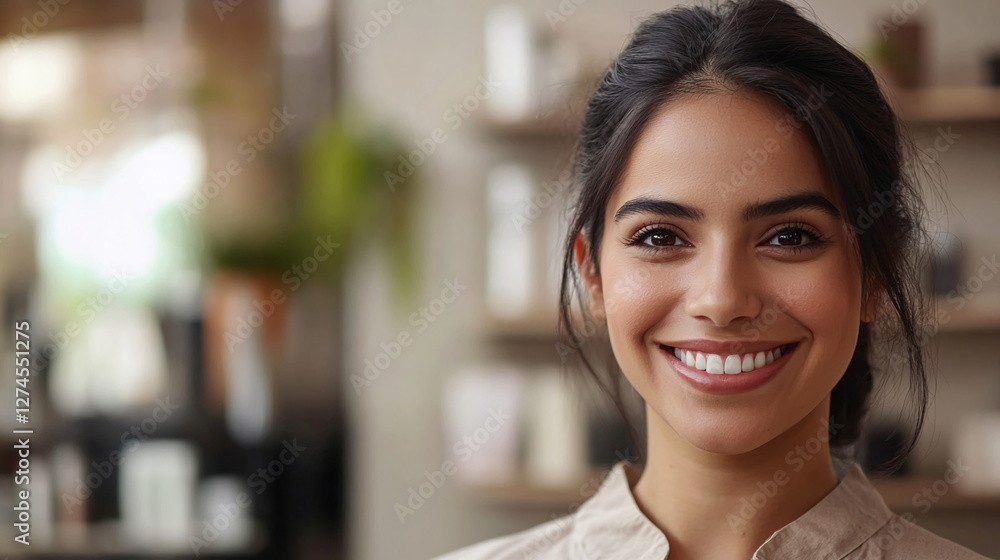 Close-up portrait of a young woman smiling in a cozy environment with a blurred background, symbolizing positivity, warmth, and happiness in an indoor setting. Close-up portrait of a young woman smiling in a cozy environment with a blurred background, symbolizing positivity, warmth, and happiness in an indoor setting.