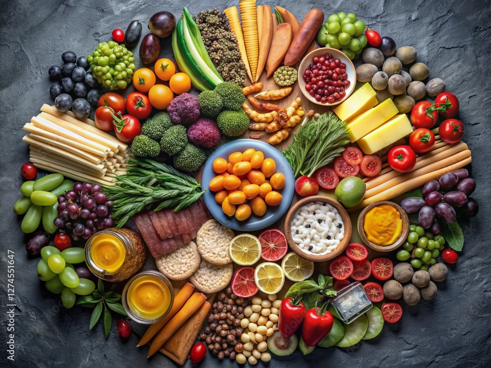 Top view of circular colorful food ingredients Arrangement
