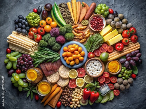 Obraz na płótnie Top view of circular colorful food ingredients Arrangement w salonie