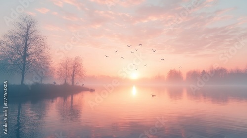 Wallpaper Mural Serene Sunrise Over Misty Lake With Birds Torontodigital.ca