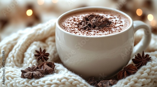 Cozy hot chocolate, festive lights, knitted scarf