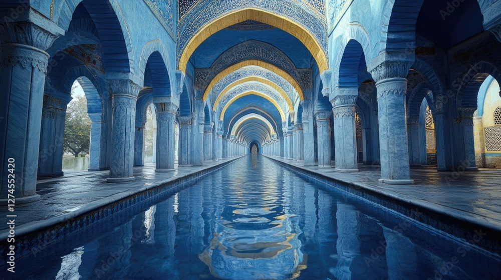 Obraz premium Reflection of a mosque's colorful tilework in clear water.