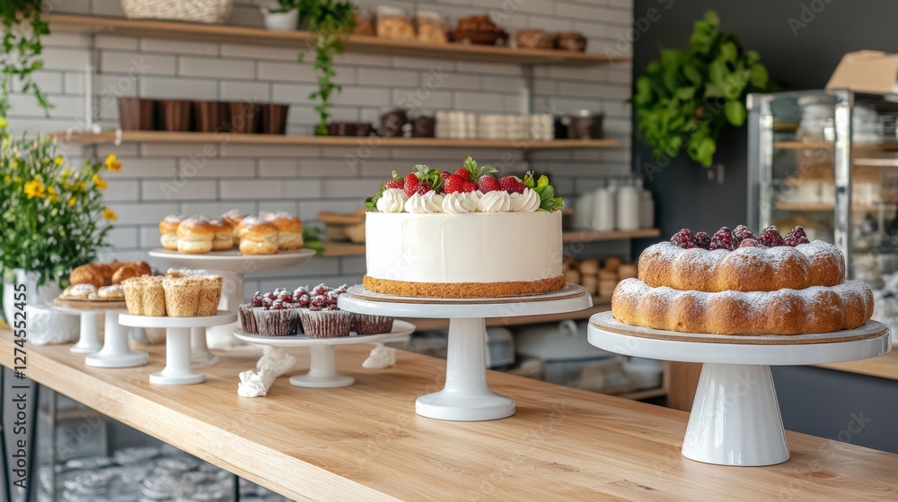 Fototapeta premium Display of various delicious desserts and pastries in a modern bakery with a cozy atmosphere