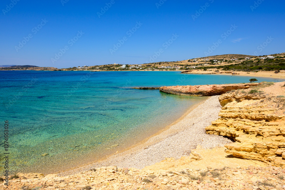 Koufonisia Fanos beach with clear water and rock formations. The south of Koufonisi. Small Cyclades, Greece