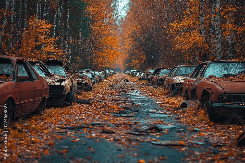 Fototapeta premium Rusted abandoned cars lining overgrown road, golden autumn leaves, eerie post-apocalyptic setting, forgotten history, decayed vehicles, moody nostalgic atmosphere.