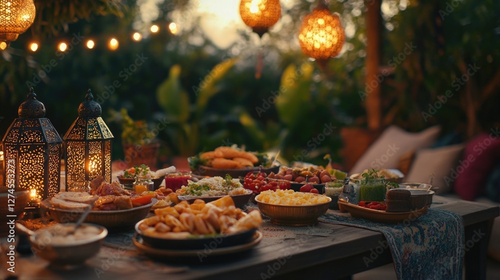 Fototapeta premium A festive outdoor evening dining scene with a variety of foods served on a patio table under the glow of string lights.