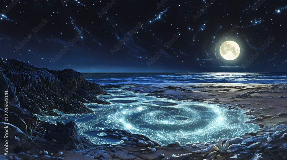 Fototapeta premium Bioluminescent dinoflagellates creating a stunning light show in a moonlit coastal tide pool. Bioluminescent Tidal Pools. Illustration