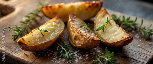 close up of baked potato wedges sprinkled with salt and herbs on a wood cutting board. photo