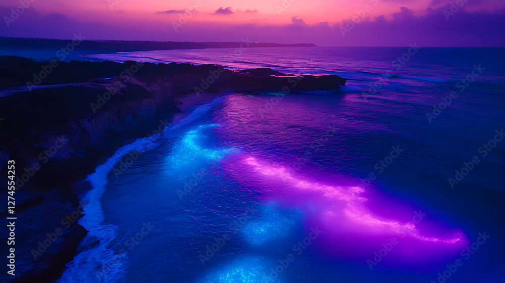 Naklejka premium Bioluminescent pink sand beach at twilight drone perspective ethereal mist crystal clear tidal pools. Bioluminescent Tidal Pools. Illustration