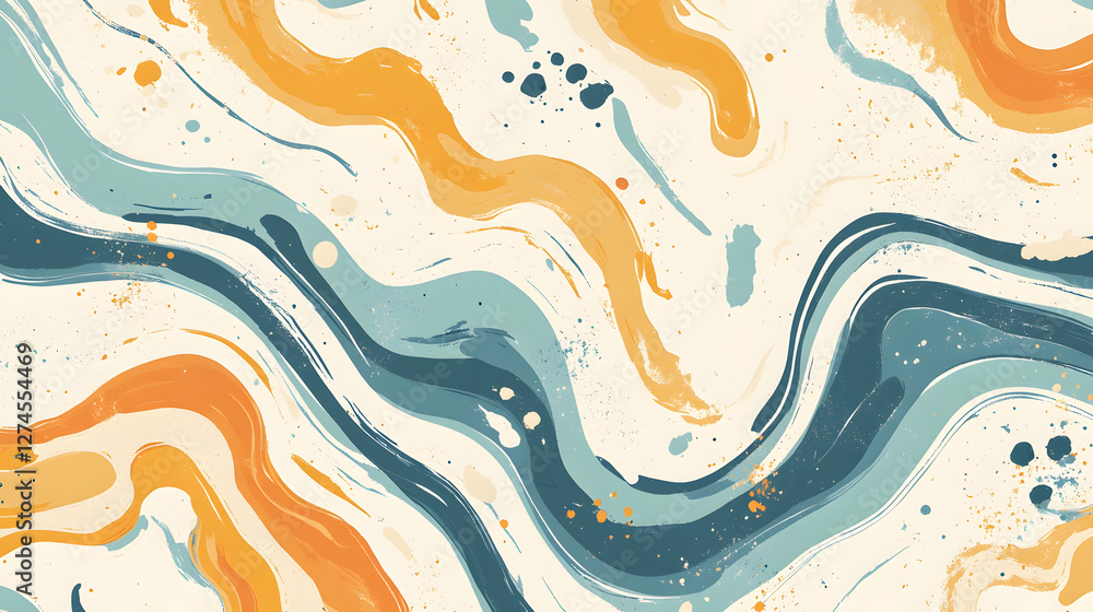 Fototapeta premium Abstract flowing wave pattern with blue and orange fluid shapes on light background