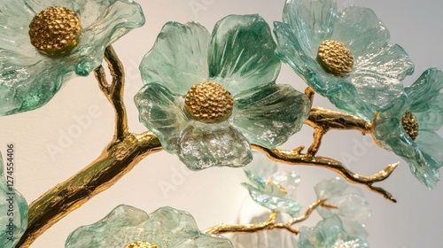 Opulent jade green floral sculpture with gold-dipped leaves and a softly illuminated background.