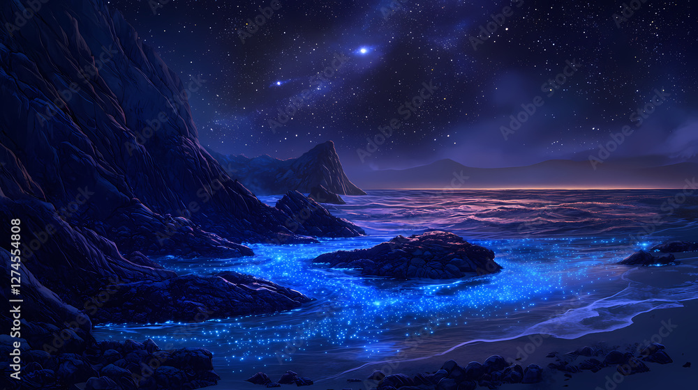 Fototapeta premium Bioluminescent tide pool beneath starlit coastal cliffs. Bioluminescent Tidal Pools. Illustration