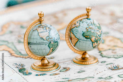 Two vintage globes on antique map, decorative display, travel inspiration photo