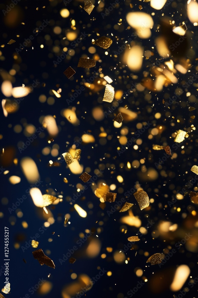 Obraz premium Bright and shiny golden glitter bokeh effect on a dark background, ideal for celebrations or festive occasions.