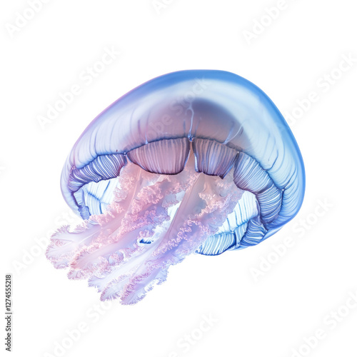 Ethereal moon jellyfish with opalescent hues on white background