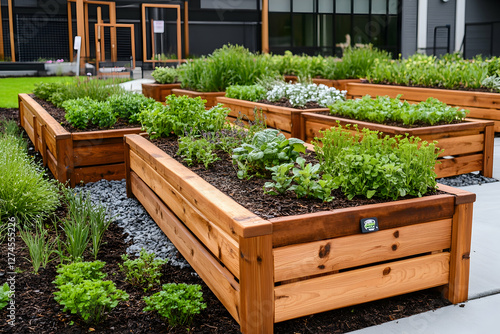 Urban raised garden beds, city outdoor herb garden, fresh vegetables and flowers, educational community garden, perfect for educational and social purposes photo