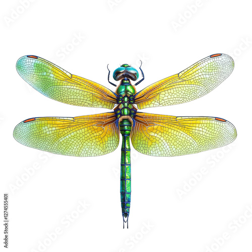 Vibrant green dragonfly with intricate details on white background
