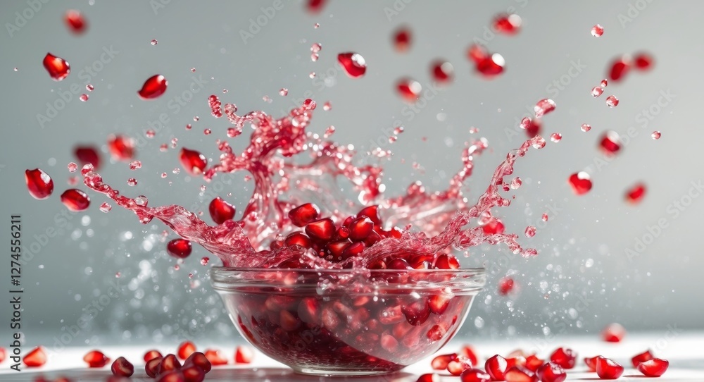 Splashing Red Pomegranate Seeds in a Glass Bowl. Splashing Red Pomegranate Seeds in a Glass Bowl.
