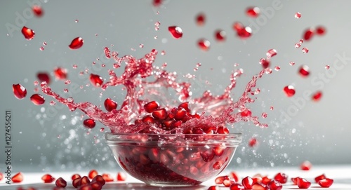 Splashing Red Pomegranate Seeds in a Glass Bowl. photo