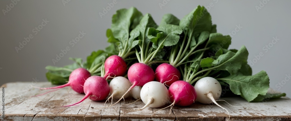 Fresh Pink And White Radishes On Wooden Surface. Fresh Pink And White Radishes On Wooden Surface.