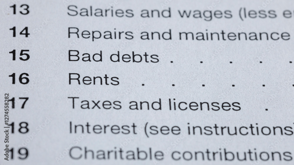 Obraz premium Tax form section showing lines for salaries, repairs, bad debts, rents, taxes, interest, and charitable contributions. Financial reporting and record-keeping are essential.