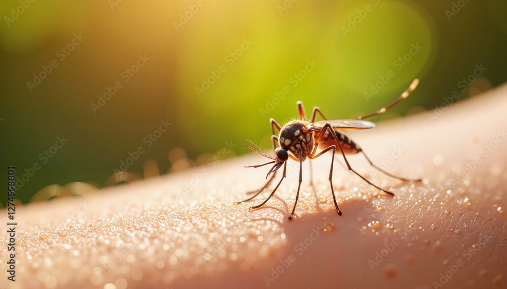 Mosquito biting human skin with a warm, glowing background Mosquito biting human skin with a warm, glowing background