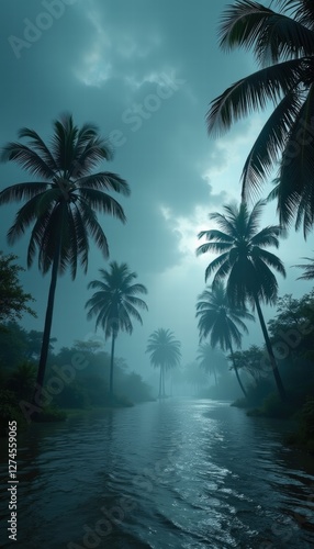 Wallpaper Mural A moody landscape depicting a flooded area with palm trees, enveloped in mist and clouds. This image captures the essence of nature's power and vulnerability. Torontodigital.ca
