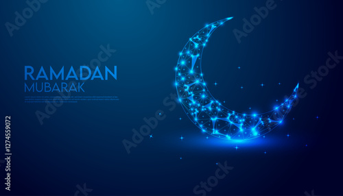 Elegant Abstract Ramadan Background with Blue Geometric Patterns, Crescent Moon, and Shining Stars – Futuristic Digital Islamic Vector Illustration for Eid Celebration, Midnight Sky, and Spiritual Fes