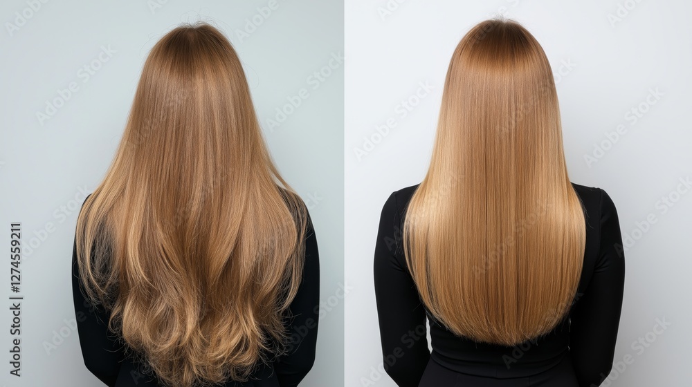 Transforming hair from wavy to straight in a stylish salon, before and after Transforming hair from wavy to straight in a stylish salon, before and after