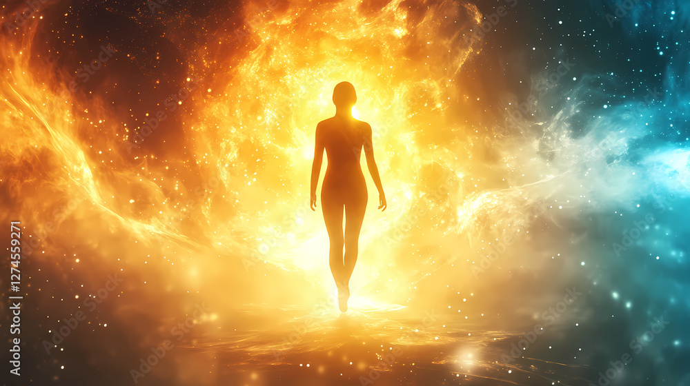 Naklejka premium Glowing silhouetted figure in ethereal spiritual aura. Luminous Metaphysical Energy. Illustration