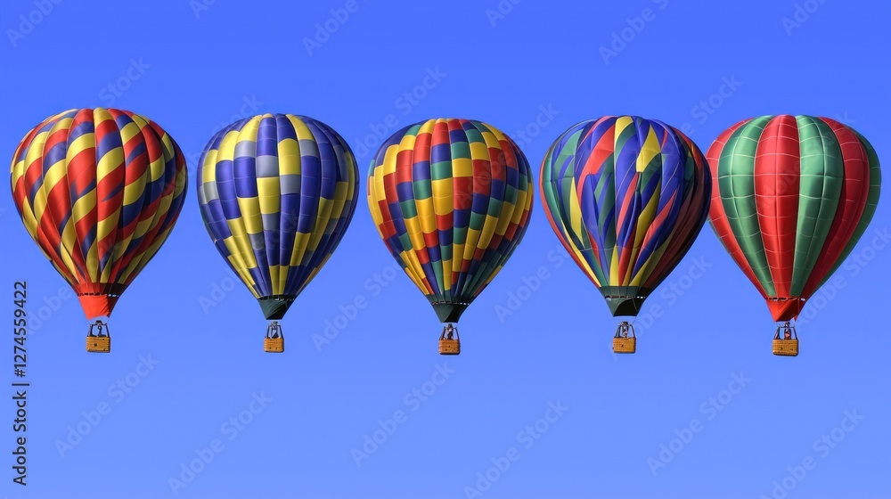 Five Colorful Hot Air Balloons Soaring in a Clear Blue Sky