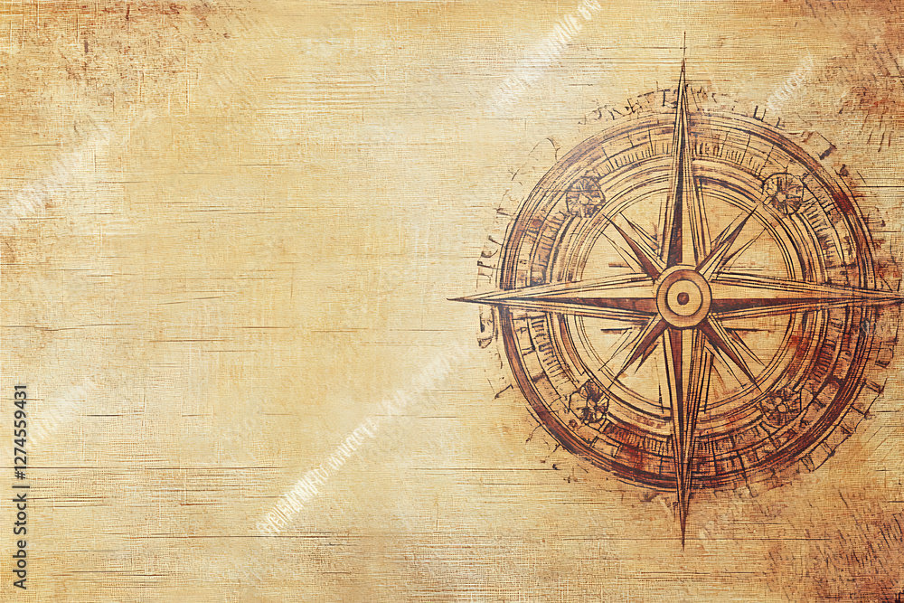 Naklejka premium Vintage nautical map with an aged parchment texture, featuring an intricate compass rose and ancient cartographic details. Concept of exploration, adventure, and maritime navigation.
