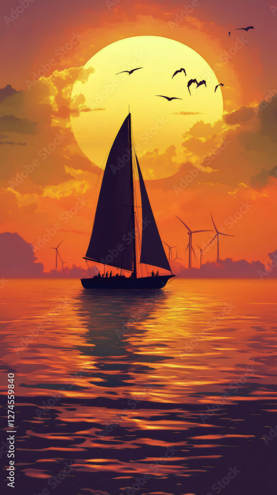 Fototapeta premium Sailboat sailing near a wind farm at sunset, with birds flying and sun reflecting on the sea