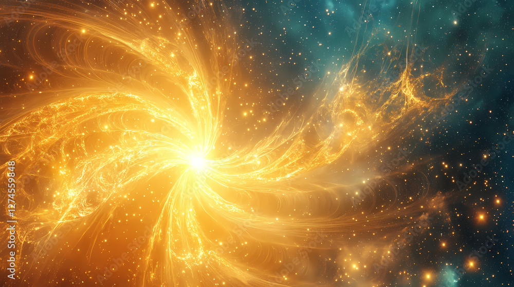 Fototapeta premium Intricate golden fractal pattern against cosmic starry background. Luminous Metaphysical Energy. Illustration