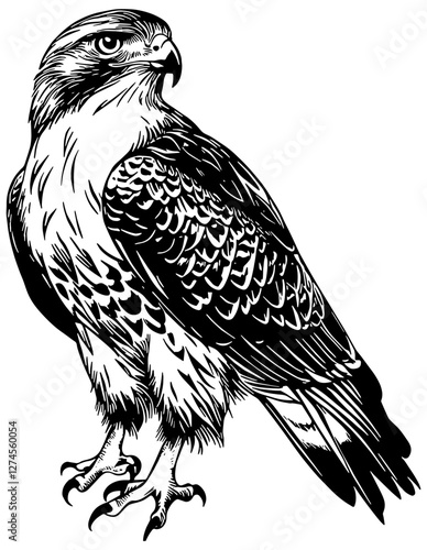 Red Tailed Hawk illustration in black, isolated 