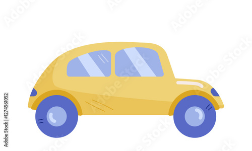 Yellow cartoon car. Vector illustration, element, icon for design, print, textile, children's rooms, clothing. Chidren's toy isolated on white background.


