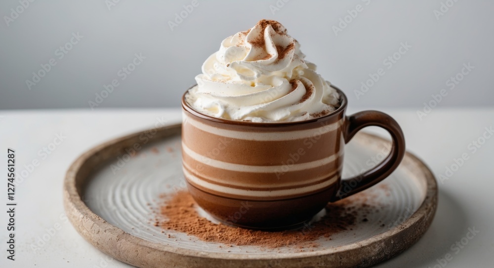 Delicious hot chocolate topped with whipped cream in a brown ceramic cup on a wooden tray. Delicious hot chocolate topped with whipped cream in a brown ceramic cup on a wooden tray.