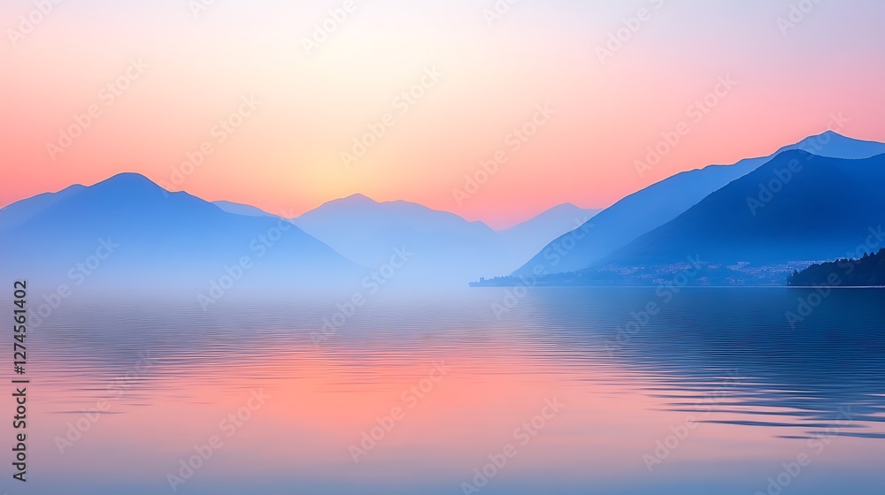 Serene Sunrise Over Misty Mountains and Calm Lake Serene Sunrise Over Misty Mountains and Calm Lake