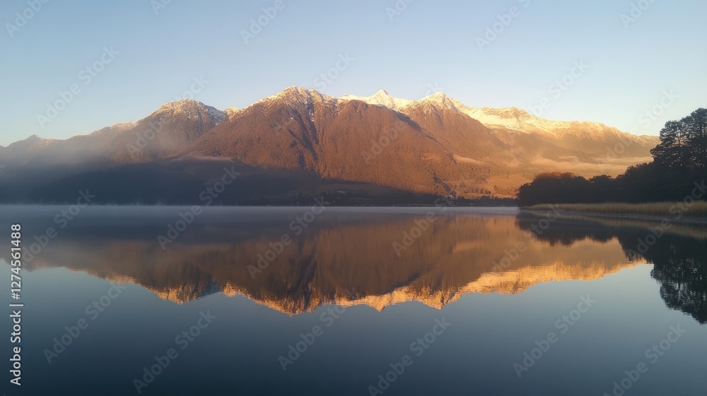 Fototapeta premium Majestic Mountain Reflection In Calm Lake Waters At Dawn