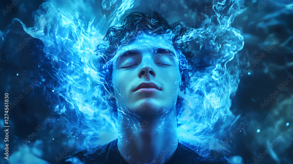 Young man with eyes closed surrounded by blue energy. Luminous Metaphysical Energy. Illustration