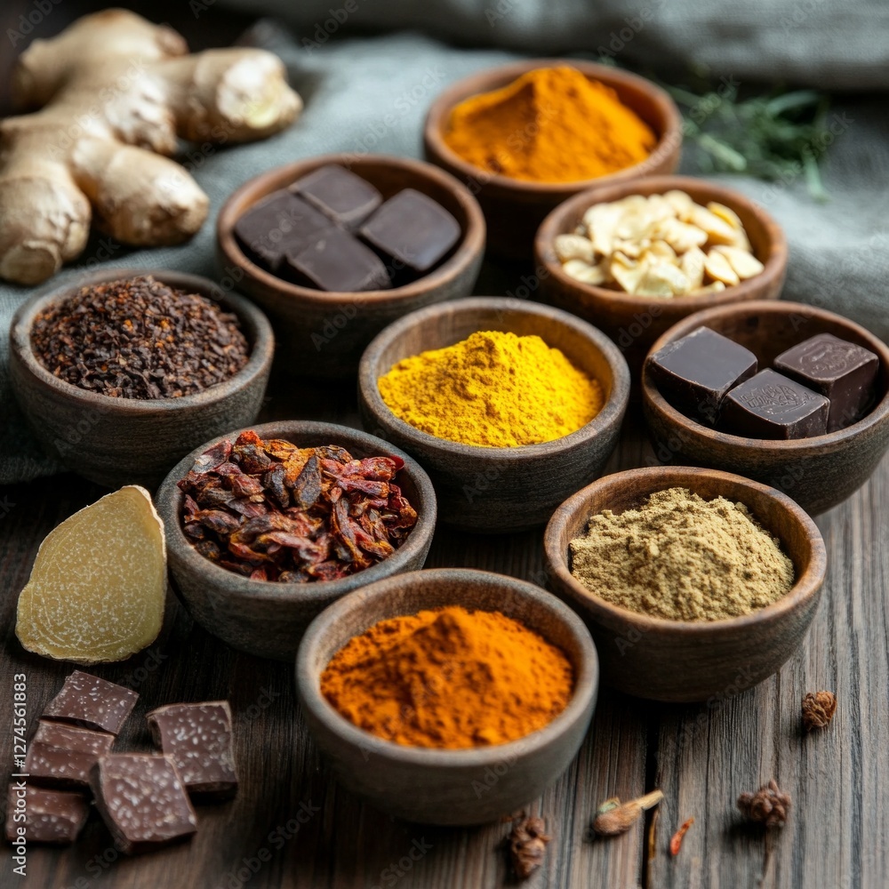Assorted spices and ingredients in wooden bowls on rustic table Assorted spices and ingredients in wooden bowls on rustic table