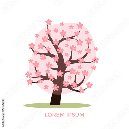 Cherry blossom tree with pink flowers in springtime setting on a grassy area. Vector Illustration