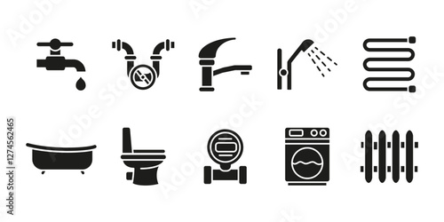 Plumbing bathroom icon set black. Water supply and drainage vector illustration. Faucet, sink and shower concept. Toilet and bathtub symbols. Home sanitation and heating representation glyph.