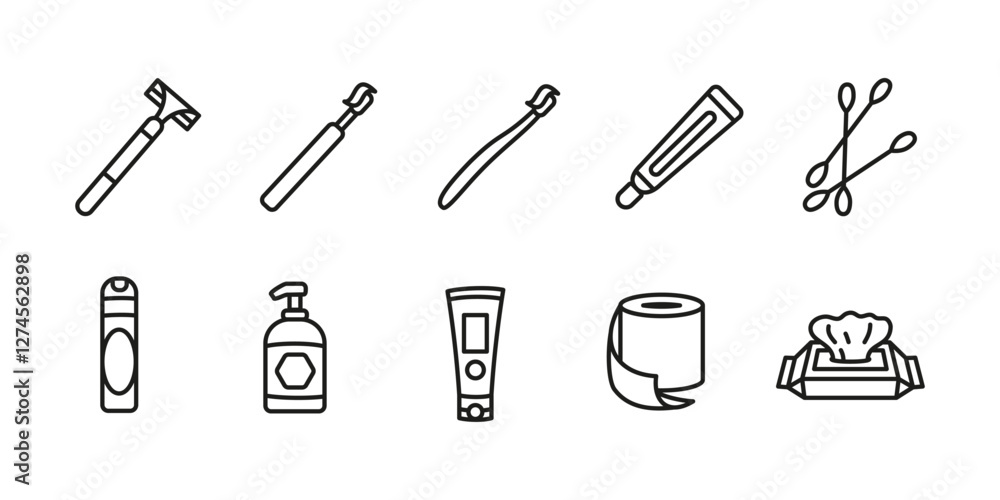 Fototapeta premium Hygiene icon set. Personal care and grooming vector illustration. Bathroom essentials concept. Toothbrush, razor and soap symbols. Skincare and dental sanitation representation.