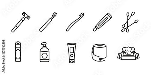 Hygiene icon set. Personal care and grooming vector illustration. Bathroom essentials concept. Toothbrush, razor and soap symbols. Skincare and dental sanitation representation.