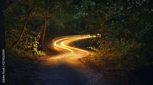 Night Road in Forest with Light Trails