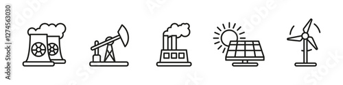 Power generation icon set. Energy production and electricity vector illustration. Renewable and fossil fuel industry concept. Nuclear, solar, wind and oil sources representation.