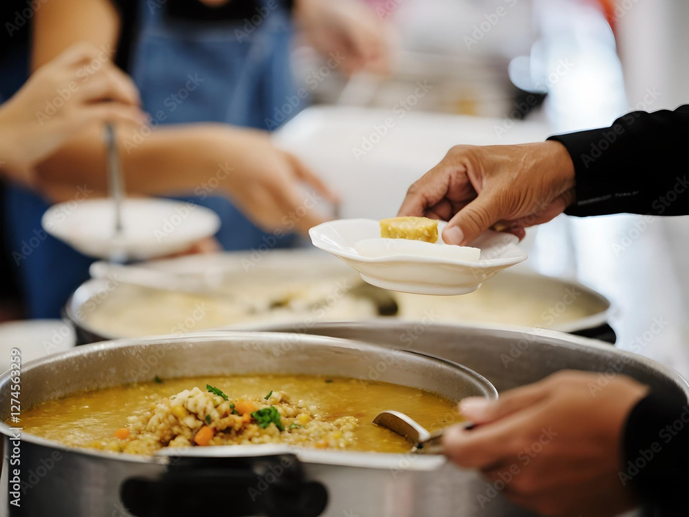 Group of Volunteers Serving Food at a Community Kitchen Event. Volunteers distribute meals to a group of people, showcasing kindness, teamwork, and community support through a food service program in. Group of Volunteers Serving Food at a Community Kitchen Event. Volunteers distribute meals to a group of people, showcasing kindness, teamwork, and community support through a food service program in.
