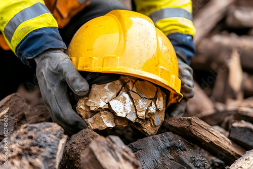 Worker inspecting broken clay object amidst wood debris