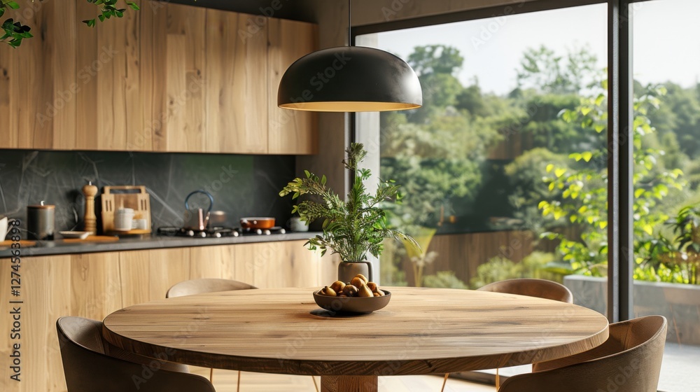 Fototapeta premium Clean kitchen interior with a round wood countertop, perfect for product montages or banners